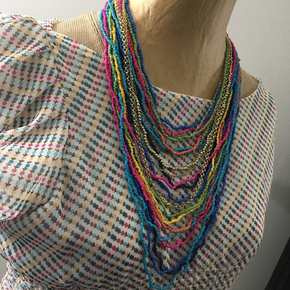 Multi Color Glass Seed & Multi Goldtone Chains Strand Boho Necklace 28" - Picture 8 of 12